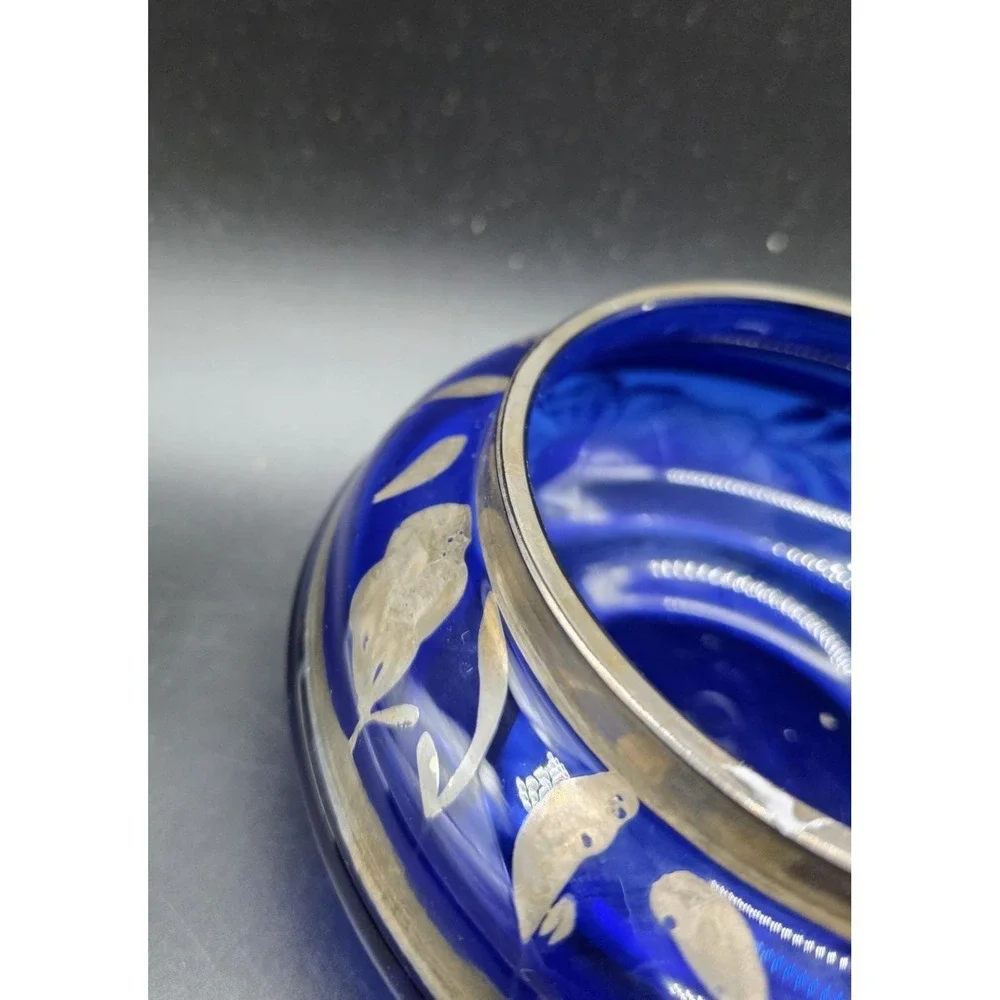 Vintage Cobalt Blue Italian Art Glass Silver Overlay Candy Dish Bowl 6